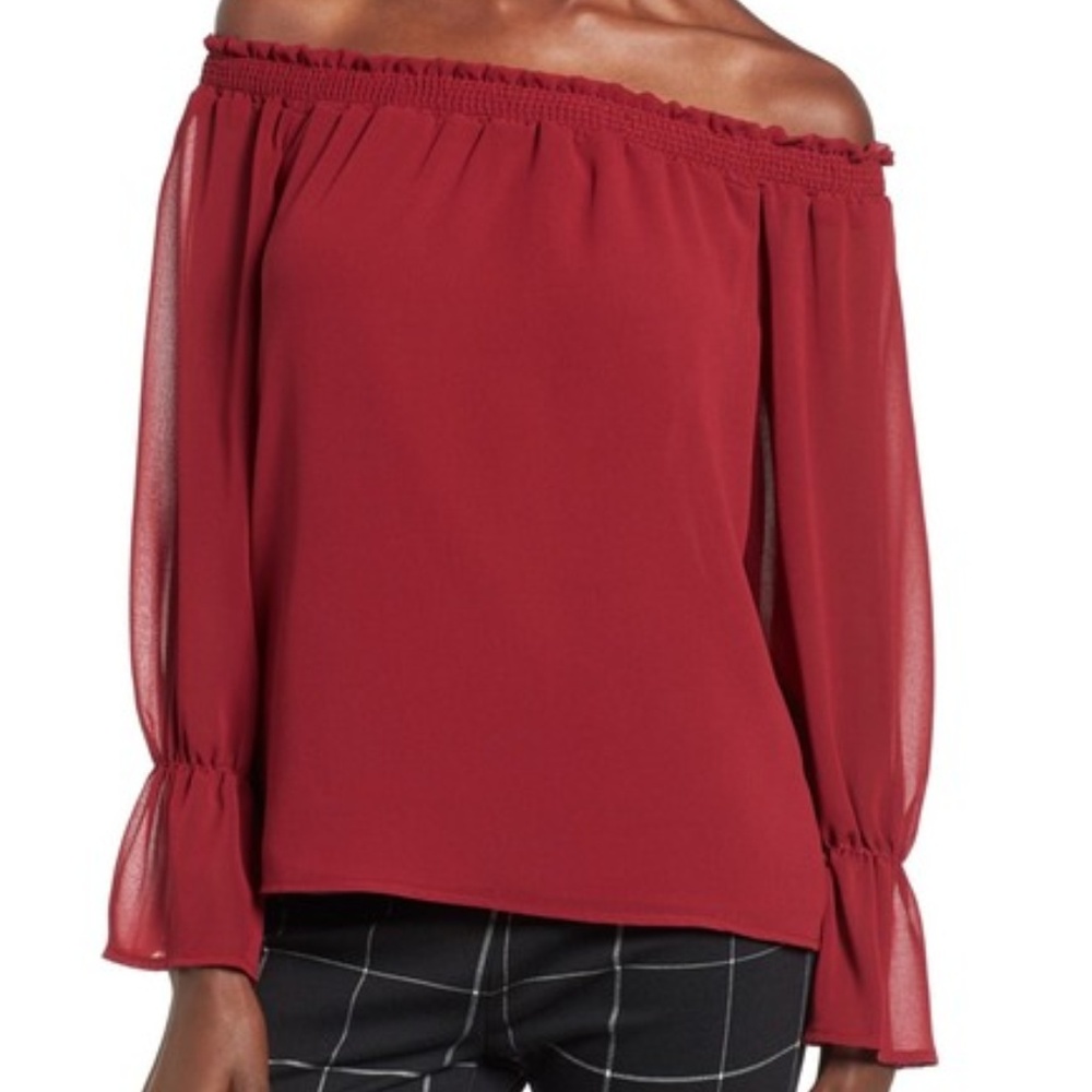 Wayf Red Off Shoulder Bell Long Sleeve Blouse - Picture 2 of 8